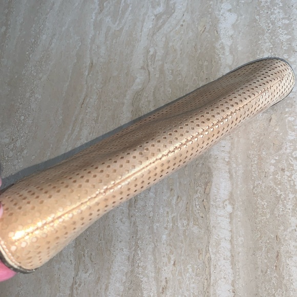 RODO metallic gold clutch, laser cut suede over satin, “kiss” lock. - Picture 11 of 17